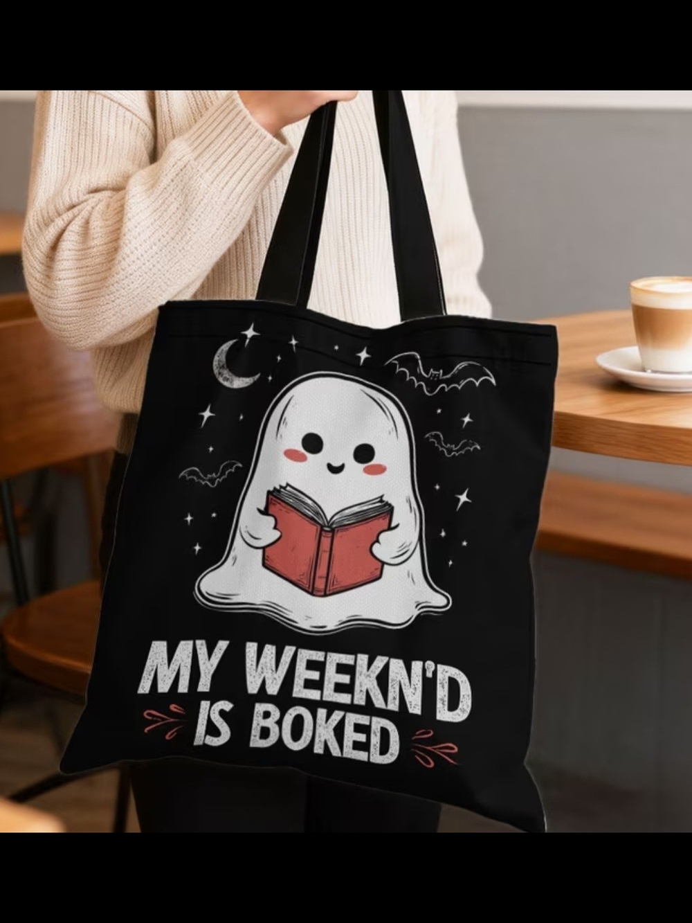 Black Ghost Tote Bag with Red Book Graphic - Picture 2 of 5